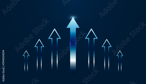 The Bright Grow arrows rise across a dark digital grid, symbolizing technology innovation driving Finance and Business expansion. and with Multiple Grow arrows move upward