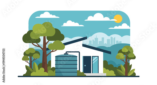 Modern vector illustration of rainwater harvesting tank beside eco home promoting water conservation and sustainable living