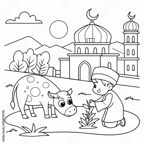 A boy in a turban feeds a cow in front of a mosque