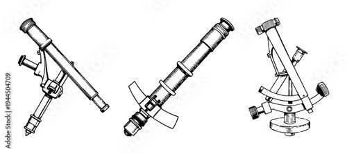 Sextant set with vintage engraving style featuring nautical, navigation, science with maritime and measurement