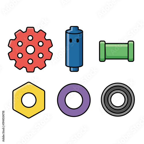 Industrial mechanical parts icons set showing gear, cylinder, pipe, hexagonal nut, washer, and ball bearing in a bold MBE vector style with thick outlines.