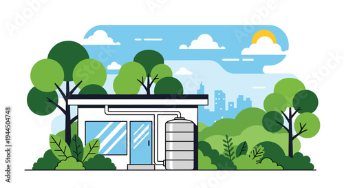 Modern vector illustration of rainwater harvesting tank beside eco home promoting water conservation and sustainable living