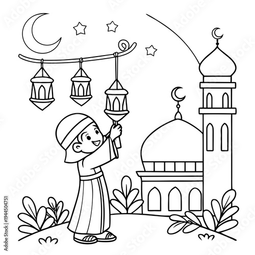 A boy hanging lanterns for ramadan