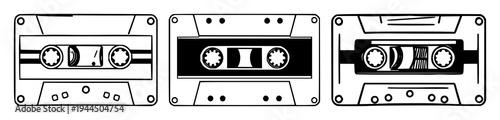 cassette tape set with geometric line art design featuring vintage audio, stationery icon, isolated presentation with consistent stroke width and white background
