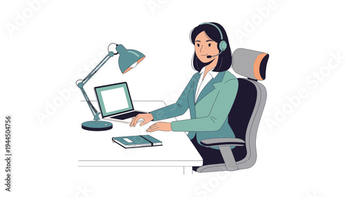 A woman wearing a headset sitting at a desk with a laptop