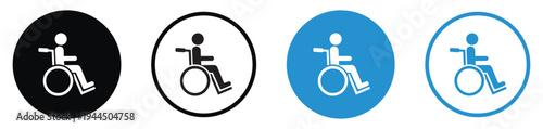 Minimalist round wheelchair accessibility icons in black and blue. Circular handicapped symbols for public signage, disabled parking, and inclusive design. Clean flat vector graphics.