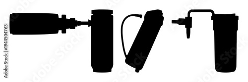 Water filter set with solid black silhouette design featuring portable, survival, eco-tech with purification and emergency