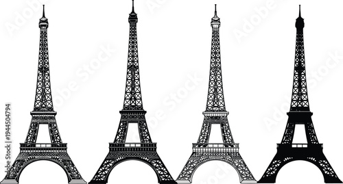 Eiffel Tower silhouette collection vector illustration, Paris famous landmark architecture variations, iconic France travel monument set isolated black design elements