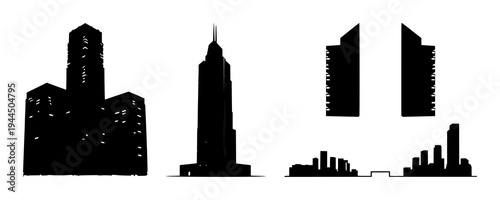 Skyscraper set with solid black silhouette and geometric grid design featuring futuristic, modular, sustainable architecture with urban planning and city skyline