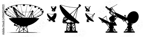 Satellite dish array set with solid black silhouette and geometric sharp profile featuring global data, connectivity, technology with communication and network