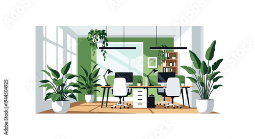 Modern vector illustration of eco friendly office workspace with indoor plants and natural light promoting sustainable corporate lifestyle
