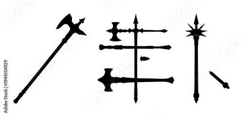 Mace set with solid black silhouette and high contrast featuring medieval weapon, spiked club, historical armament with ancient warfare and powerful impact