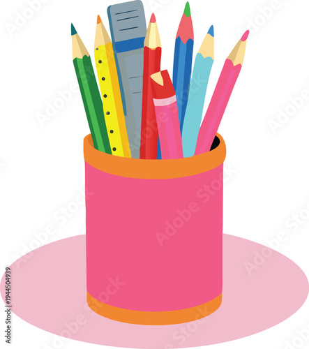 Colorful Pencils and Ruler in Pink Holder on Pink Circle Background