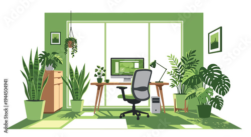 Modern vector illustration of eco friendly office workspace with indoor plants and natural light promoting sustainable corporate lifestyle