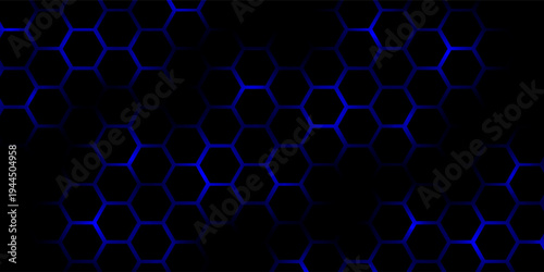 Dark gray and blue technology hexagonal vector background. Abstract blue bright energy flashes under a hexagon in a dark hi-tech futuristic modern vector background gaming honeycomb texture grid.