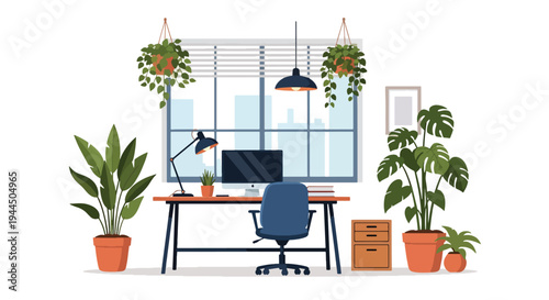 Modern vector illustration of eco friendly office workspace with indoor plants and natural light promoting sustainable corporate lifestyle