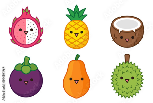Exotic tropical fruits set featuring dragon fruit pineapple coconut mangosteen papaya and durian flat icon design for healthy diet and culinary food illustration