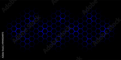 Dark gray and blue technology hexagonal vector background. Abstract blue bright energy flashes under a hexagon in a dark hi-tech futuristic modern vector background gaming honeycomb texture grid.