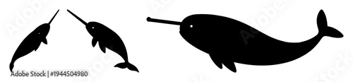 Narwhal set with solid black silhouette and spiral tusk featuring arctic marine symbol, flat 2D style with ocean mammal and oceanic creature