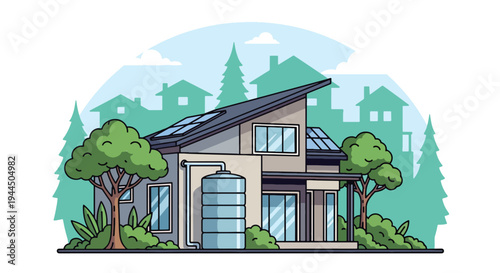 Modern vector illustration of rainwater harvesting tank beside eco home promoting water conservation and sustainable living