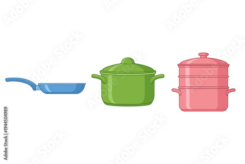 Selection of kitchen cookware and food preparation utensils icons flat design featuring frying pan stew pot and multi-layer food steamer for cooking and culinary arts