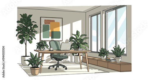 Modern vector illustration of eco friendly office workspace with indoor plants and natural light promoting sustainable corporate lifestyle
