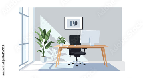 Modern vector illustration of eco friendly office workspace with indoor plants and natural light promoting sustainable corporate lifestyle