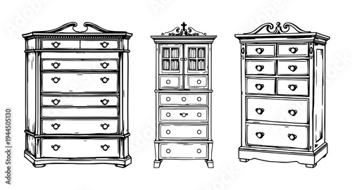 Apothecary cabinet set with detailed woodcut style illustration of a Victorian cabinet with multiple drawers featuring medicinal, glass, leather with white background and icon