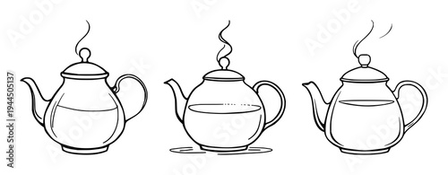 Teapot set with rising steam and minimalist line art design featuring cafe, beverage, drinkware with kitchenware and tableware
