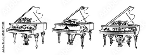 Grand piano set with ornate Victorian line art featuring floral motifs, decorative flourishes, detailed engraving with white background and elegant design