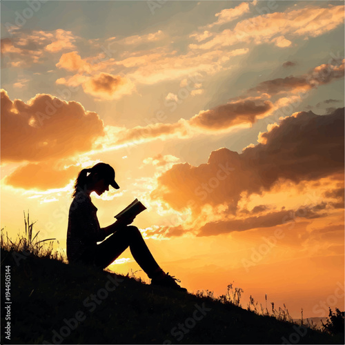 Silhouette of a person with a camera capturing the sunset sky during a peaceful summer evening outdoors in nature