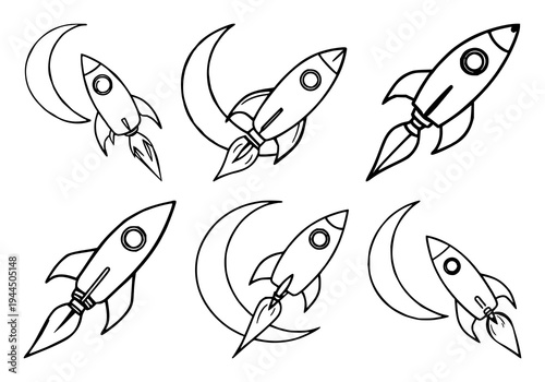 Rocket ship set with doodle style illustration of a rocket flying past a crescent moon featuring space adventure, white background, black line art with minimalist and playful