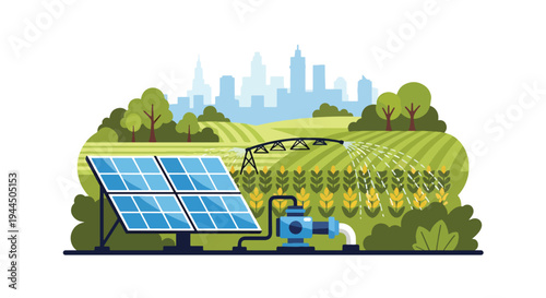 Modern vector illustration of sustainable farming with solar powered irrigation promoting renewable energy in agriculture