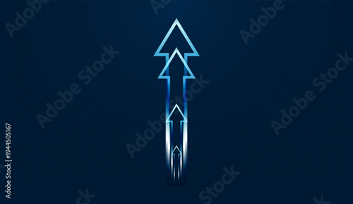 The forward-moving arrow represents continuous increase in digital performance and technological success inspired by quantum progress. and Glowing arrows racing forward