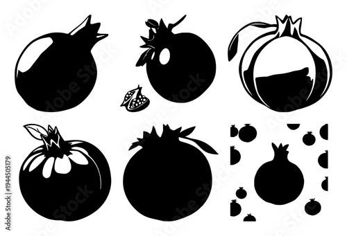 Pomegranate set with whole fruit illustration featuring superfruit theme, solid black lines, isolated on white with bold outlines and clean lines