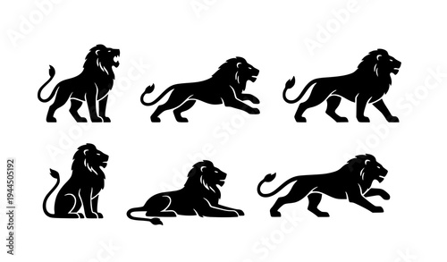 Stylized Lion Silhouette Icon Set – Walking, Roaring, Jumping, Sitting, Lying Down