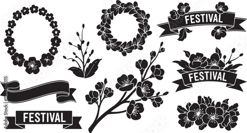 Festival Floral Wreaths and Ribbons Graphic Design Elements Set