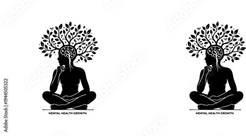 Professional vector illustration for “MENTAL HEALTH GROWTH” featuring meditative silhouette with flourishing tree from head, symbolizing mindfulness, personal development, and emotional wellness brand
