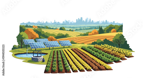Modern vector illustration of sustainable farming with solar powered irrigation promoting renewable energy in agriculture
