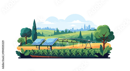 Modern vector illustration of sustainable farming with solar powered irrigation promoting renewable energy in agriculture