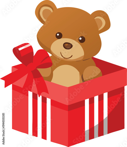 Cute teddy bear in red gift box with ribbon isolated on white background  illustration