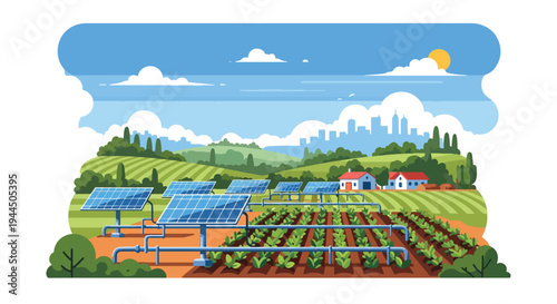 Modern vector illustration of sustainable farming with solar powered irrigation promoting renewable energy in agriculture