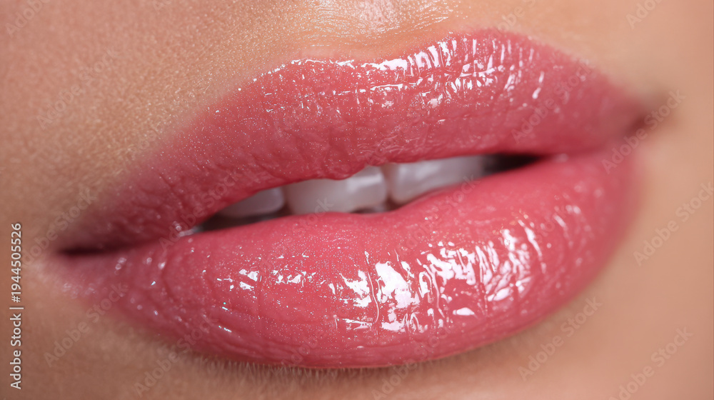 Obraz premium Pink lip gloss closeup beauty, glossy lipstick makeup, female mouth macro, sensual lips detail, smooth skin texture glamour style