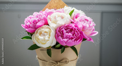 Bouquet of peonies in kraft paper wrap on wooden table  
