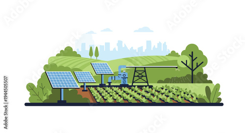 Modern vector illustration of sustainable farming with solar powered irrigation promoting renewable energy in agriculture