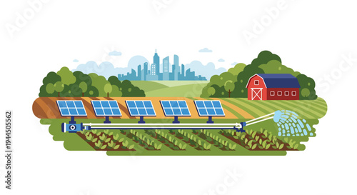 Modern vector illustration of sustainable farming with solar powered irrigation promoting renewable energy in agriculture