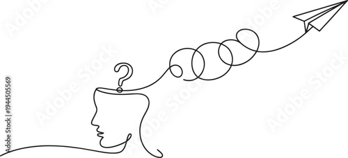 A question mark within a head leads to an imaginative paper airplane taking flight.
