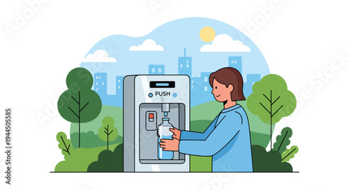 Modern vector illustration of person using reusable water bottle in park promoting plastic reduction and eco friendly lifestyle