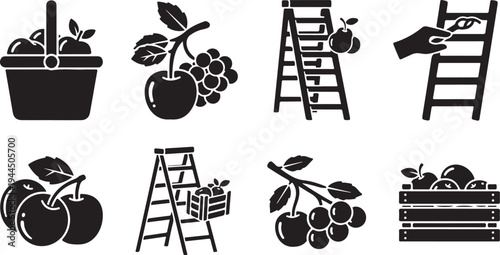 Black and white icons of fruit picking and harvesting