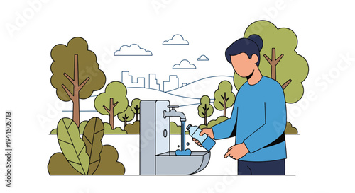Modern vector illustration of person using reusable water bottle in park promoting plastic reduction and eco friendly lifestyle
